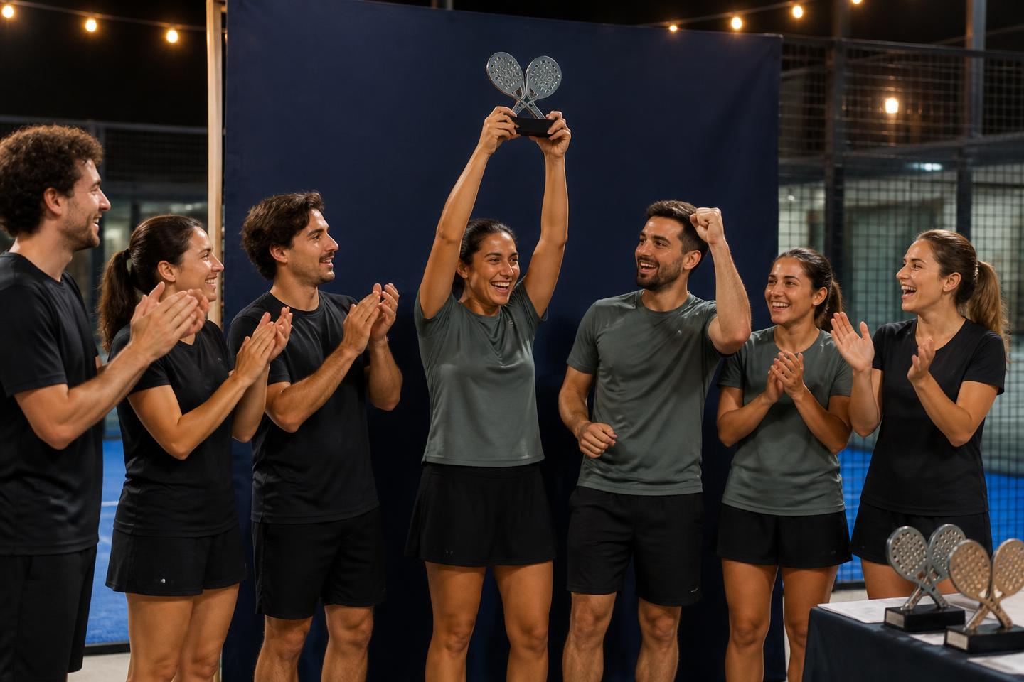 Award ceremony at a PadelPump company padel tournament, winning team lifting the trophy