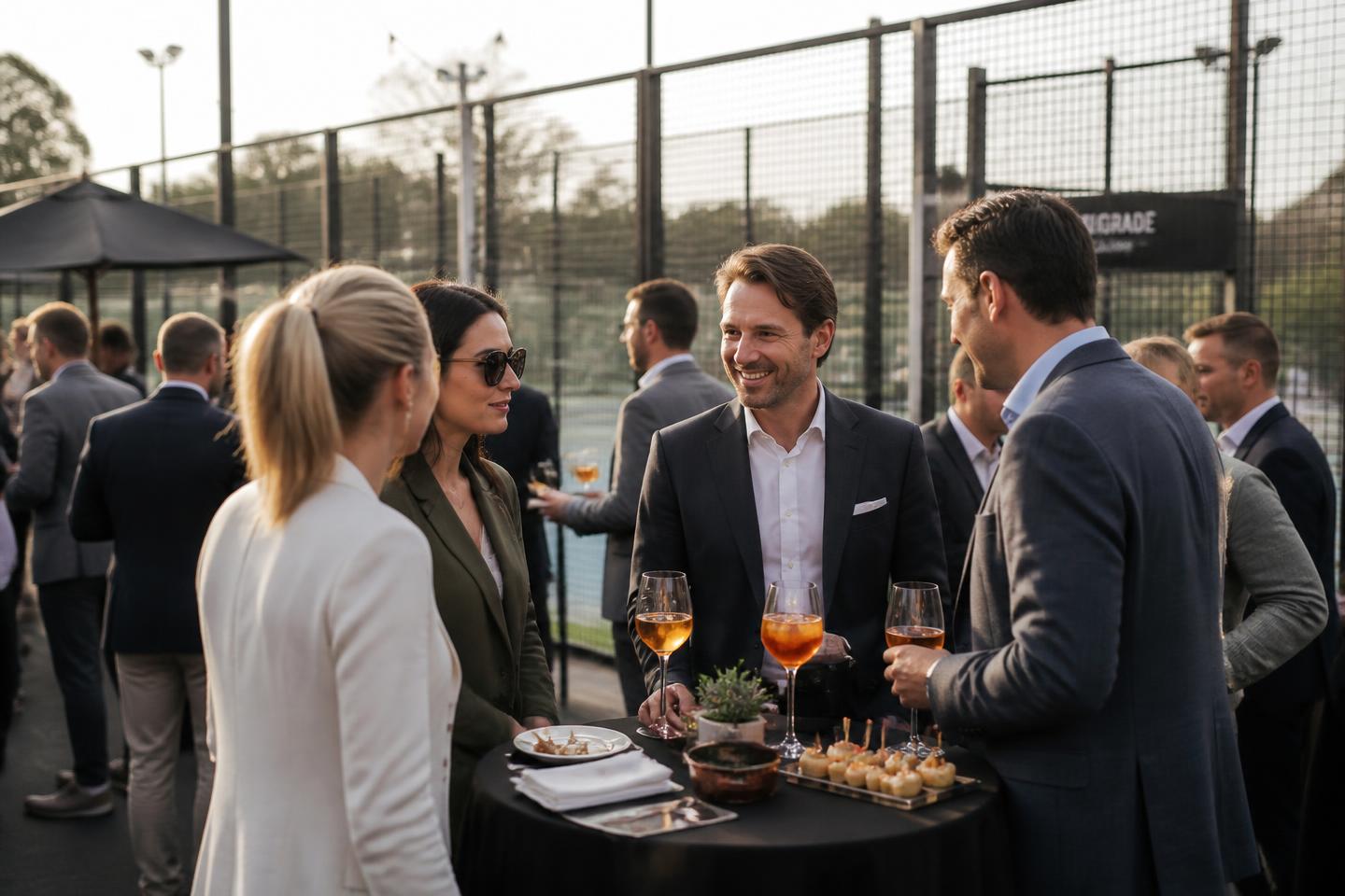 Corporate guests networking with aperitivo beside padel courts at a PadelPump event